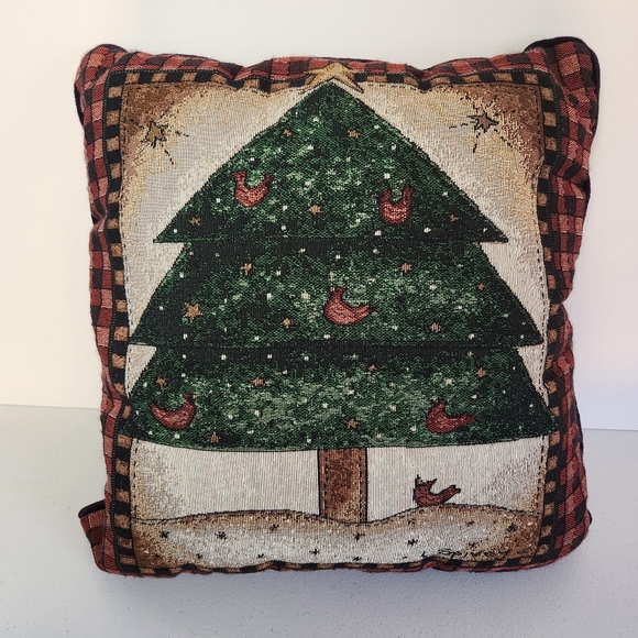 L Spivey Tapestry Throw Pillows Set Of 2 Christmas Tree Red Cardinal 14" Square - Picture 2 of 8